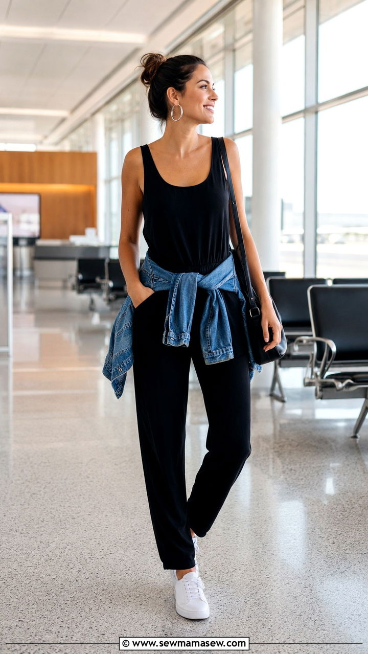 Sleeveless Black Jumpsuit With White Sneakers And Denim Jacket - 30 casual minimalist outfits