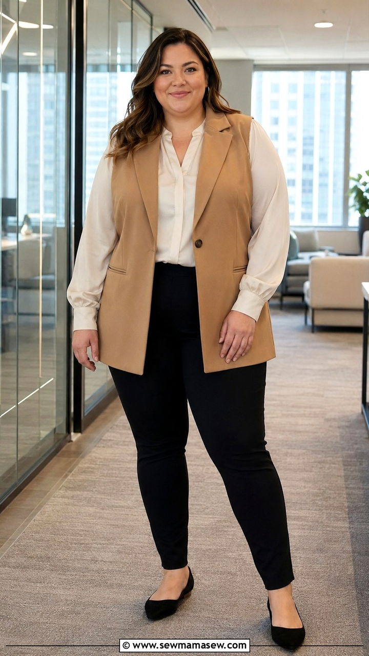 Sleeveless Blazer Vest With A Long Sleeve Blouse - 30 Plus size outfit ideas with blazer