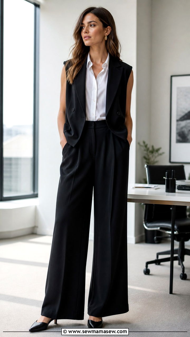 Sleeveless Blazer With Wide Leg Trousers - 40 blazer outfit ideas for women
