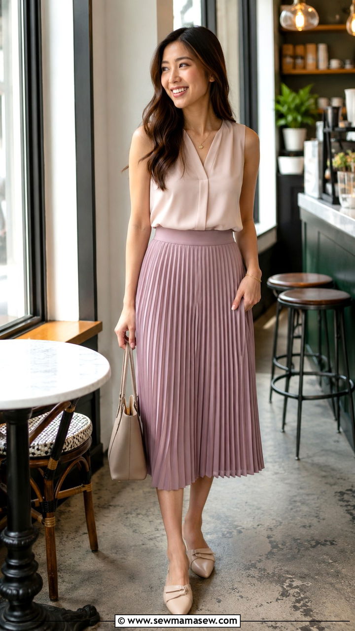 Sleeveless Blouse With Pleated Midi Skirt And Pointed Flats - 25 Petite outfit ideas with midi skirt