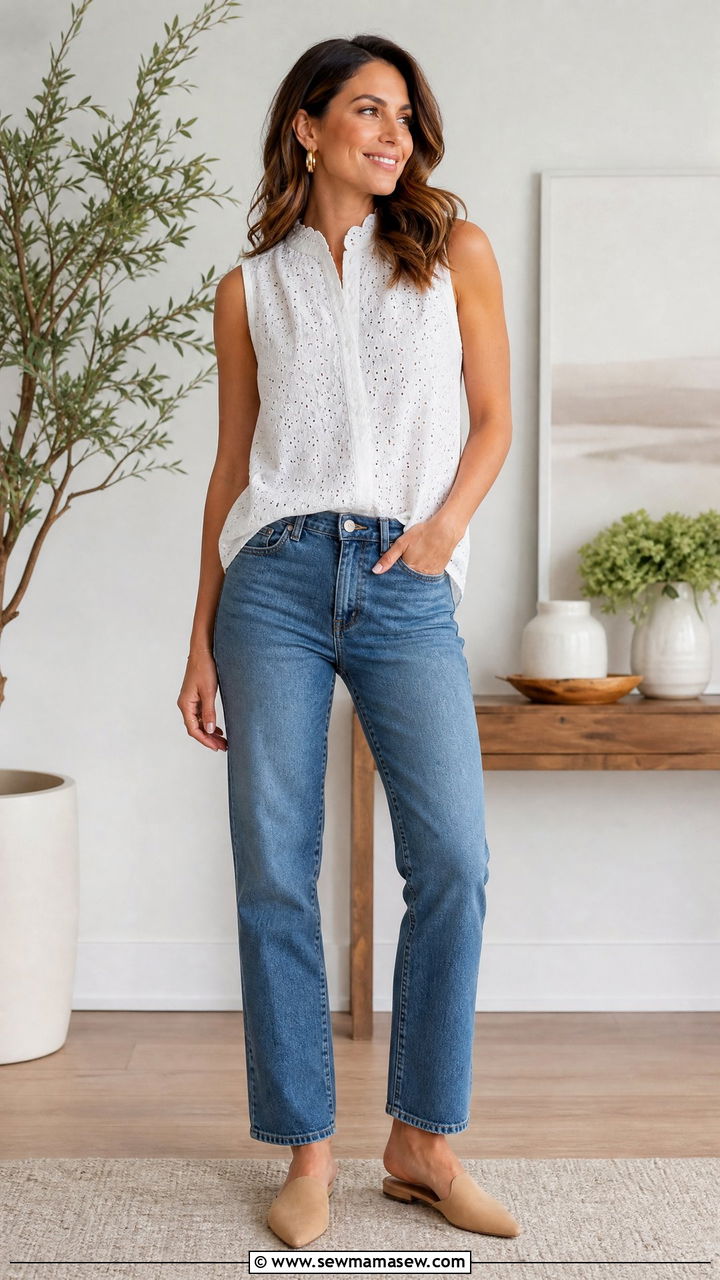 Sleeveless Blouse With Straight Leg Jeans - 30 Summer outfit ideas for stay at home mom