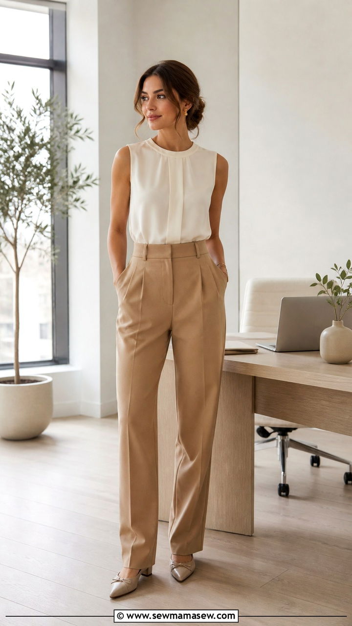 Sleeveless Blouse with High Waisted Trousers Work Look - 40 Classy work outfit ideas