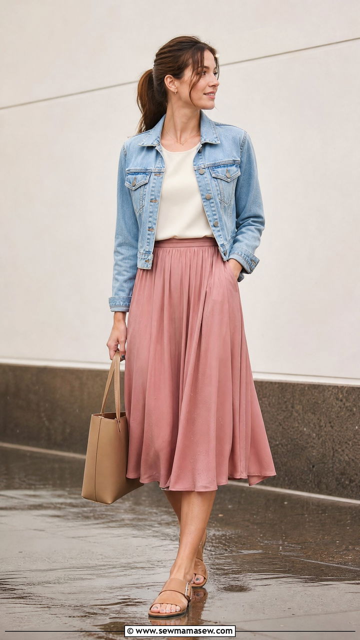 Sleeveless Blouse with Midi Skirt and Cropped Jacket - 30 summer rainy day outfit ideas