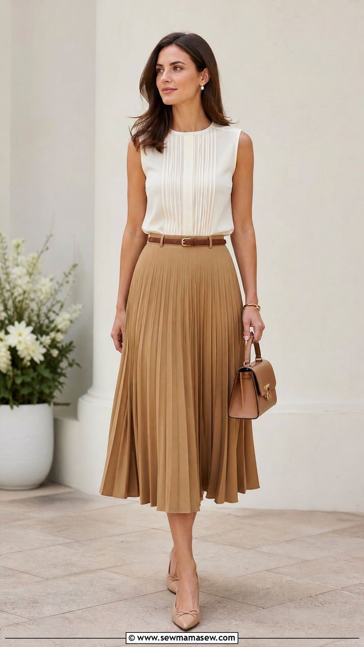 Sleeveless Blouse with Pleated Midi Skirt Outfit - 30 summer old money outfit ideas