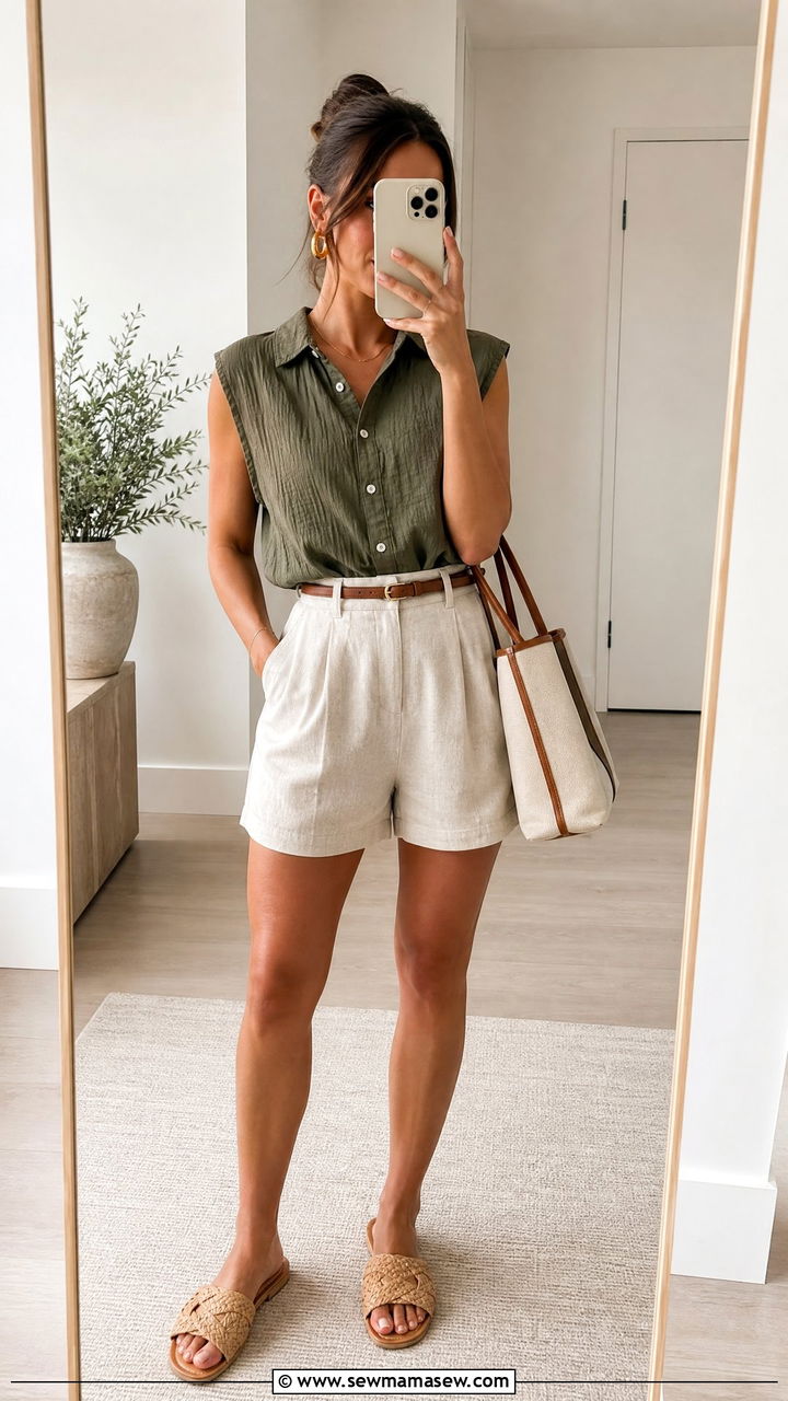 Sleeveless Button Up Blouse With Linen Shorts - 30 Summer capsule wardrobe for petite women