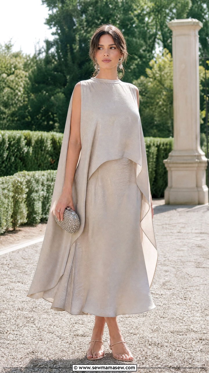 Sleeveless Cape Dress with Minimal Sandals - 35 Garden wedding guest outfits
