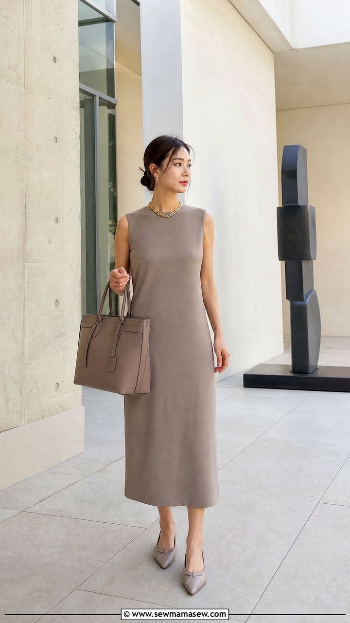 Sleeveless Column Midi Dress With Pointed Toe Flats - 30 Petite summer dresses outfit ideas