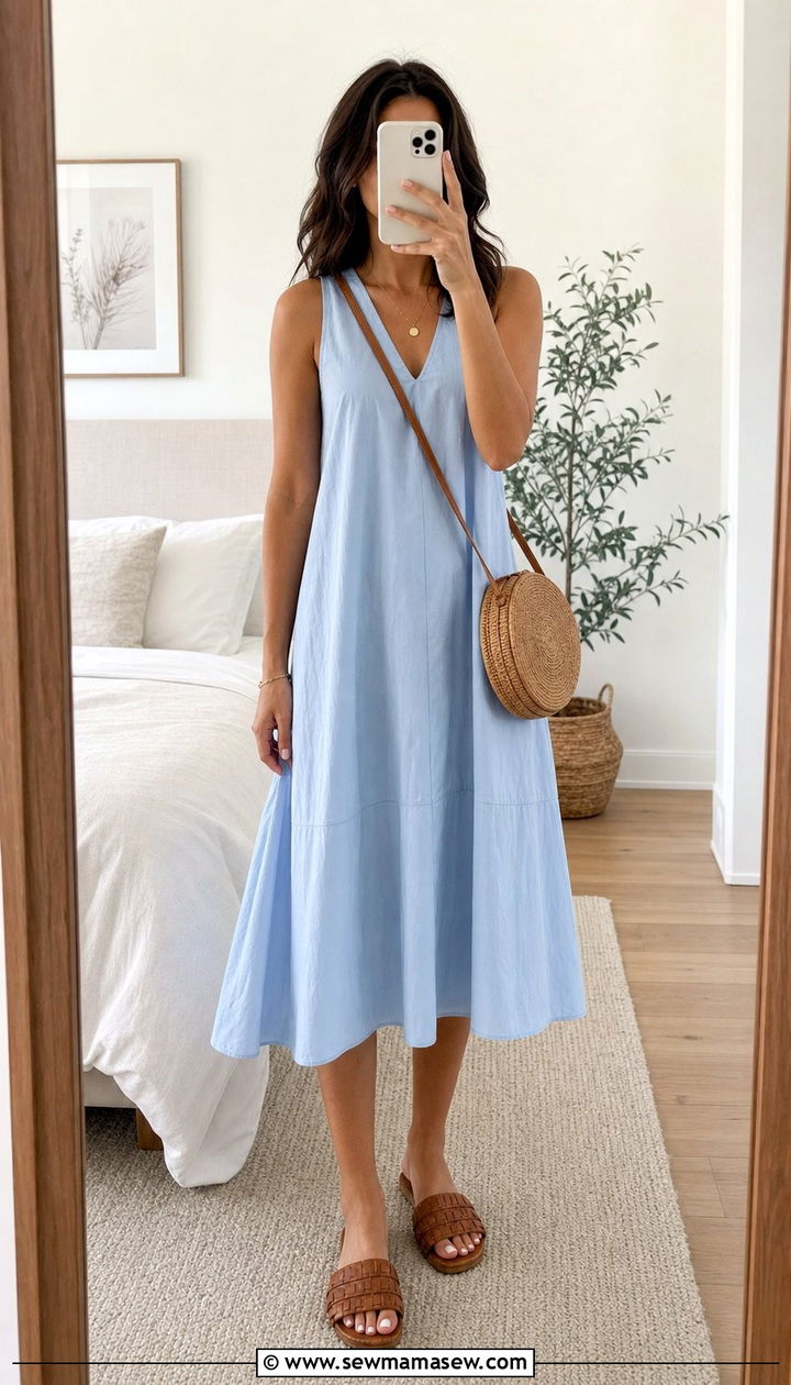 Sleeveless Cotton Midi Dress With Slide Sandals - 25 Summer outfits for humid weather
