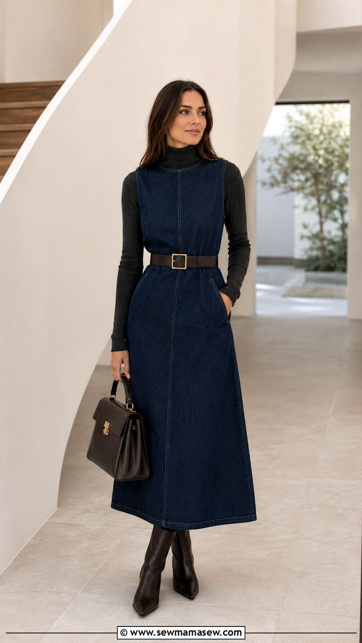 Sleeveless Denim Dress With Turtleneck - 30 How to style a denim dress