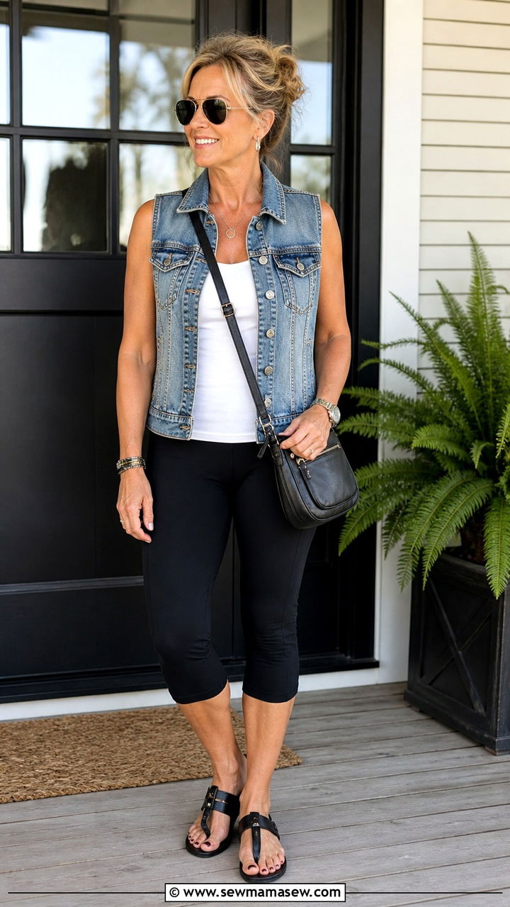 Sleeveless Denim Vest and Black Capris - 40 Summer outfit ideas for women over 50 2026