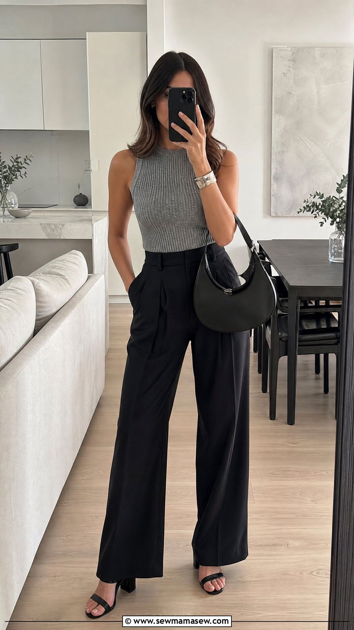 Sleeveless Gray Top And Black Wide Leg Trousers - 30 summer quiet luxury outfit ideas
