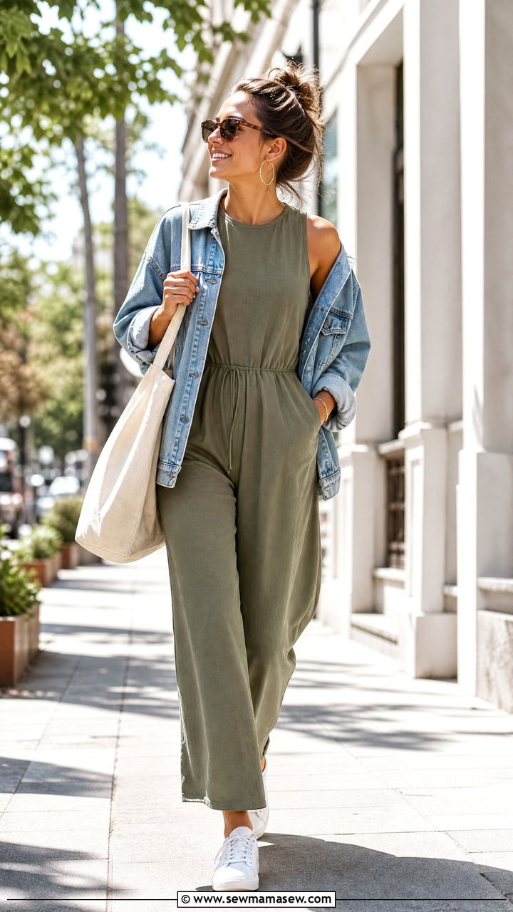 Sleeveless Jumpsuit With Denim Jacket - 25 Jumpsuit outfit ideas for summer