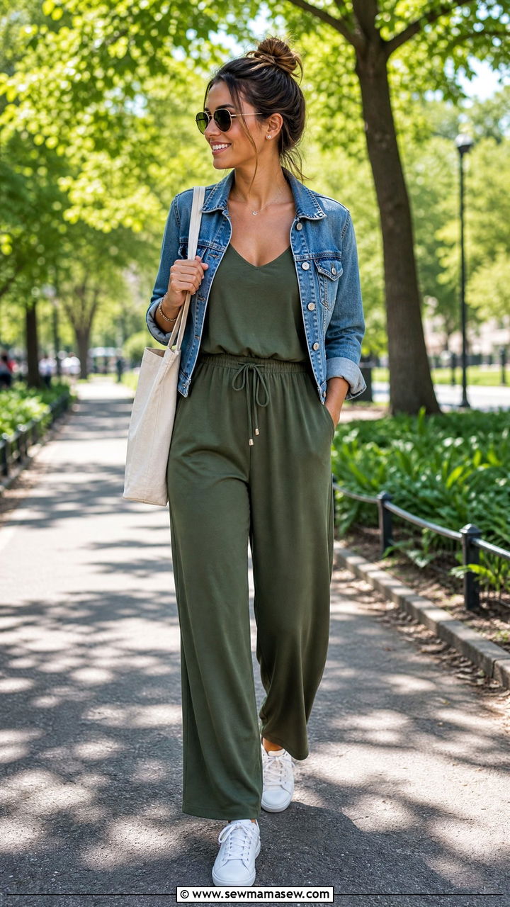 Sleeveless Jumpsuit With Denim Jacket - 30 Jumpsuit outfit ideas for women over 40