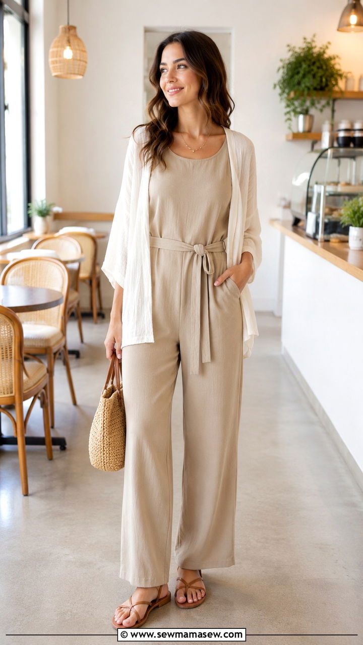 Sleeveless Jumpsuit With Lightweight Cardigan Outfit - 25 Modest outfit ideas for summer heat hot weather