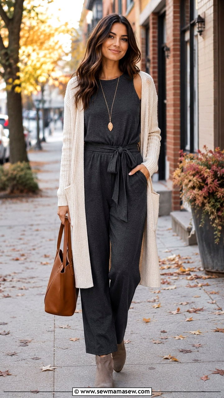 Sleeveless Jumpsuit With Longline Cardigan - 30 Jumpsuit outfit ideas for women over 40