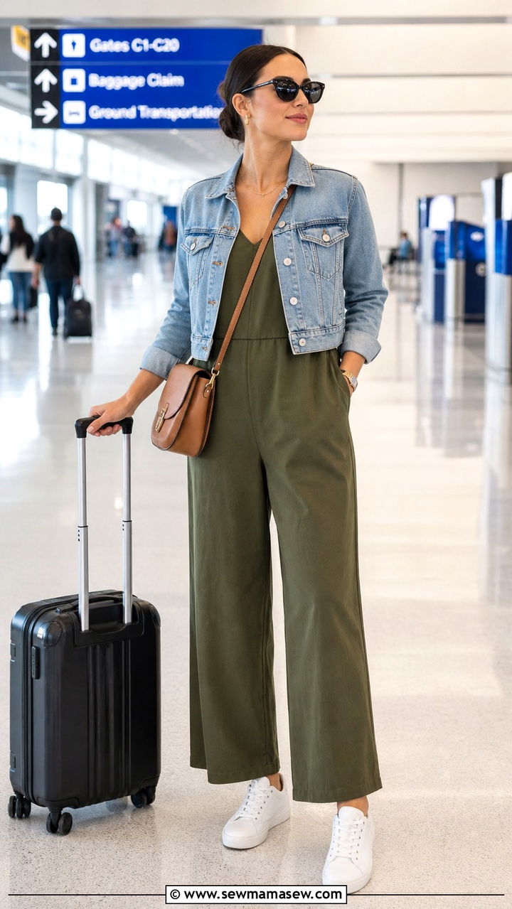 Sleeveless Jumpsuit With a Denim Jacket and White Sneakers - 40 casual vacation outfits