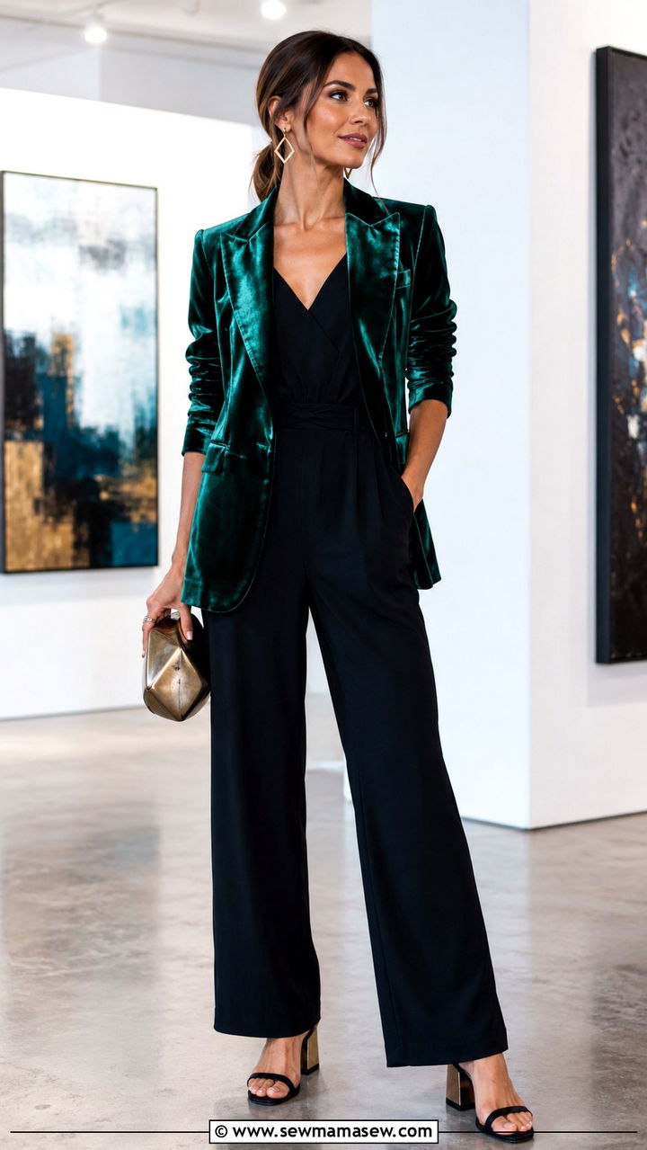Sleeveless Jumpsuit With a Velvet Blazer and Statement Clutch - 20 Art gallery opening outfit ideas