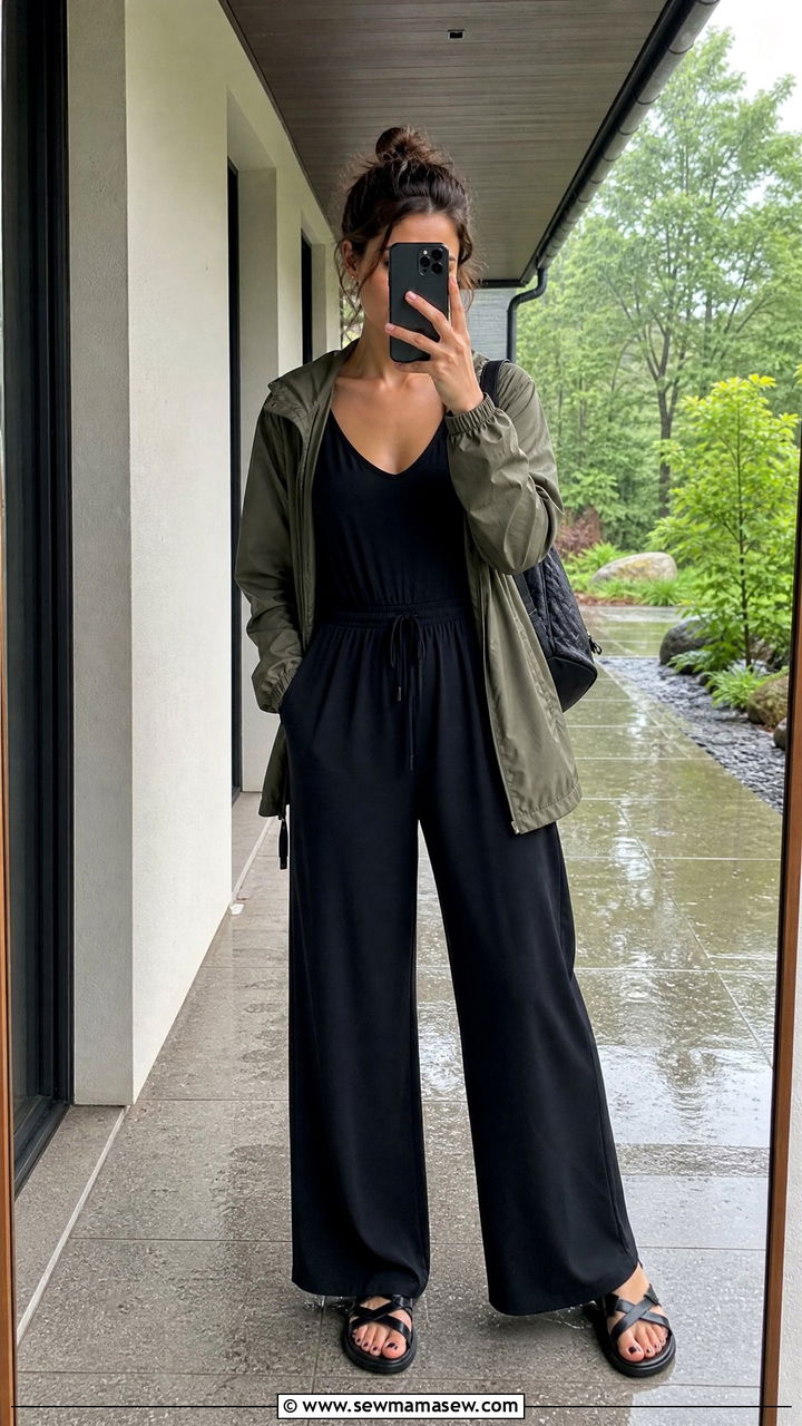 Sleeveless Jumpsuit with Thin Rain Layer and Flat Sandals - 30 summer rainy day outfit ideas