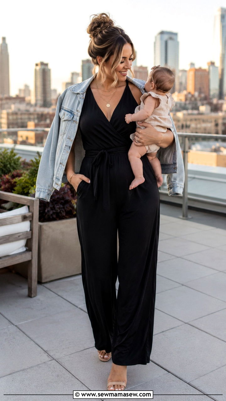 Sleeveless Jumpsuit with a Denim Jacket - 30 Postpartum summer outfits