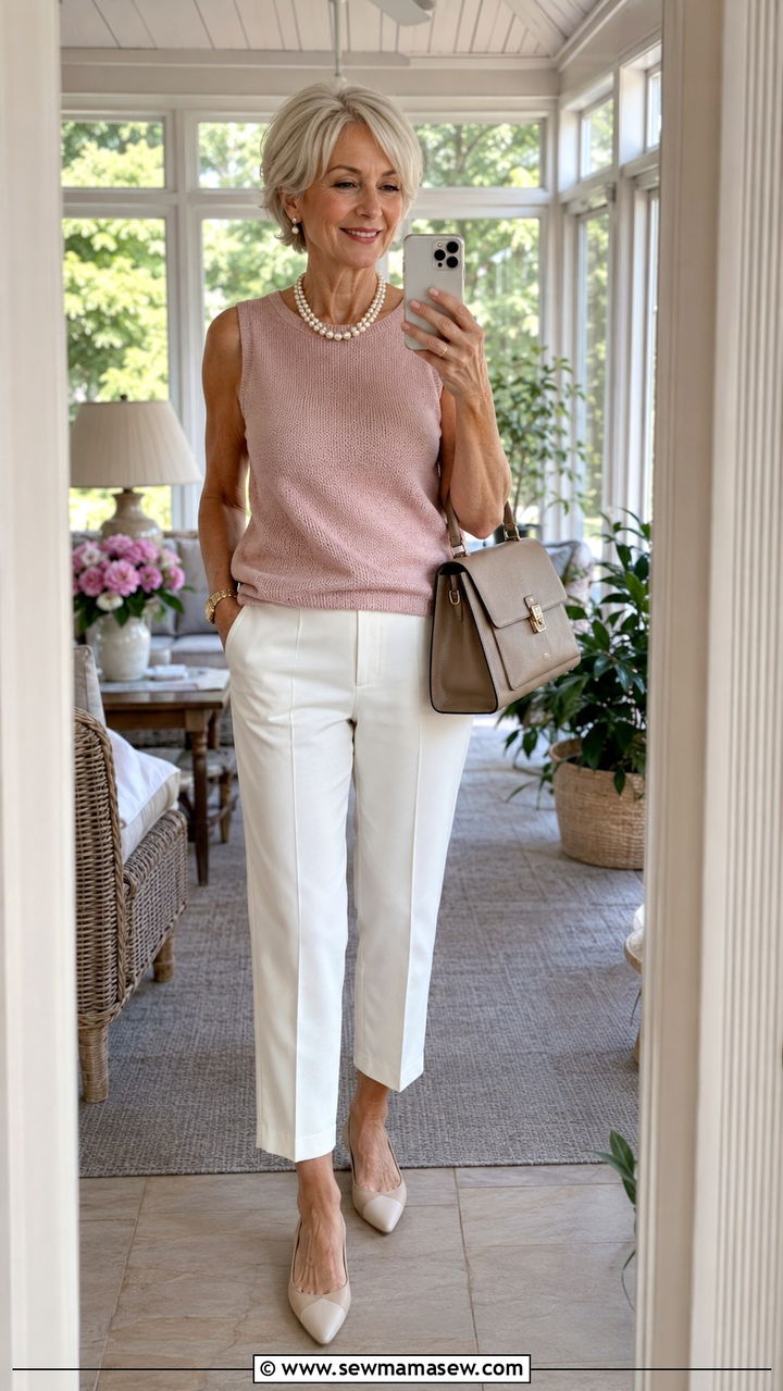 Sleeveless Knit Shell with Cropped Trousers - 30 Outfit ideas for boomer women