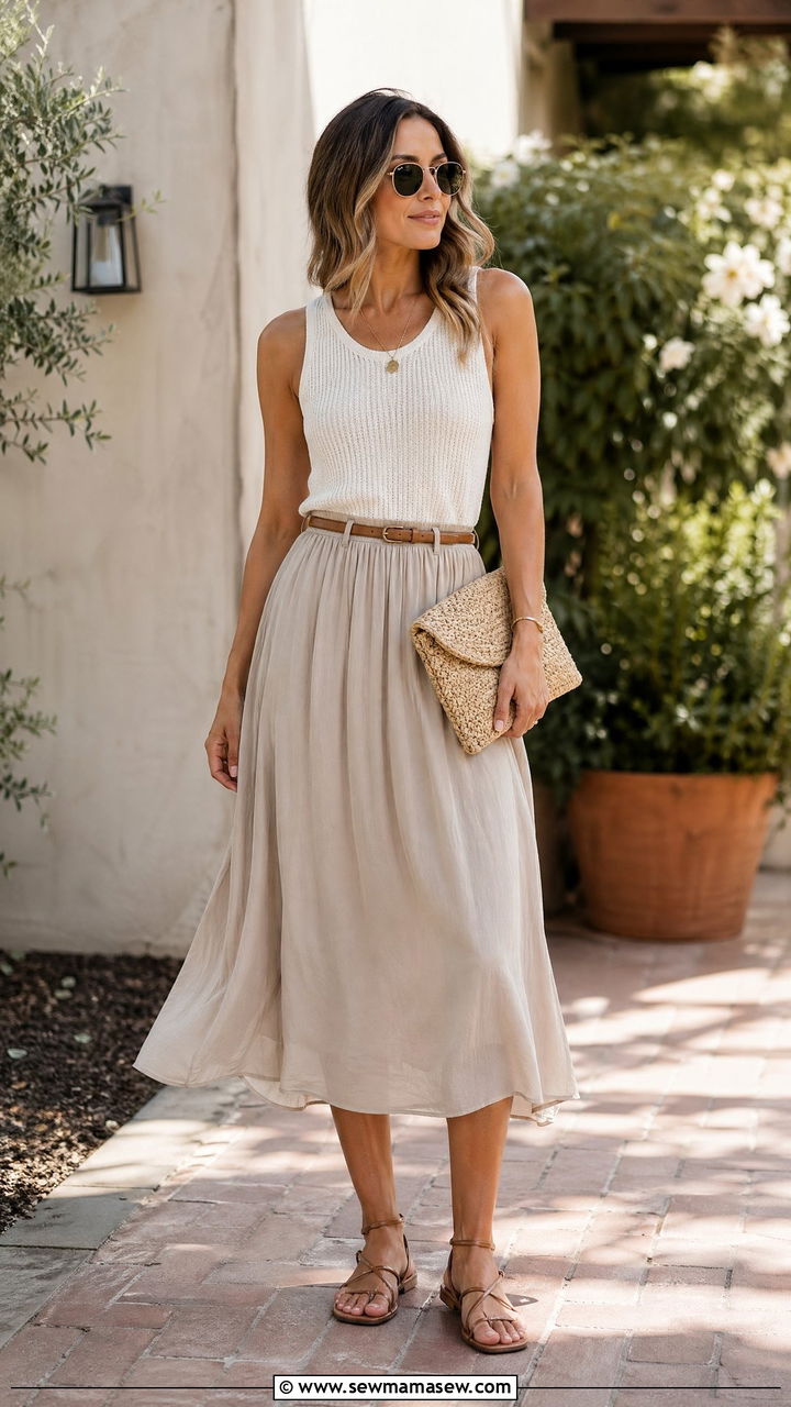 Sleeveless Knit Top and Flowy Midi Skirt - 35 errand outfit ideas for women