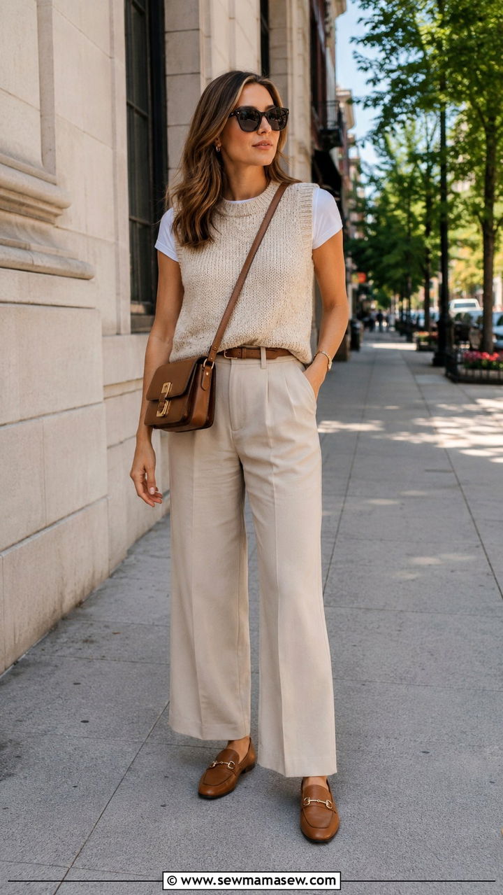 Sleeveless Knit Vest With Wide Leg Trousers And Loafers - 30 transitional neutral outfit ideas