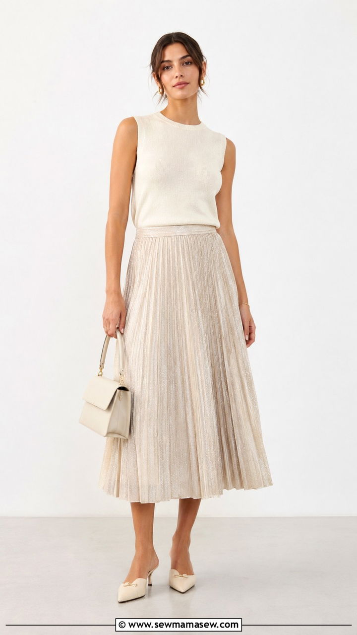 Sleeveless Knit With Pleated Midi Skirt - 30 transitional cute outfit ideas