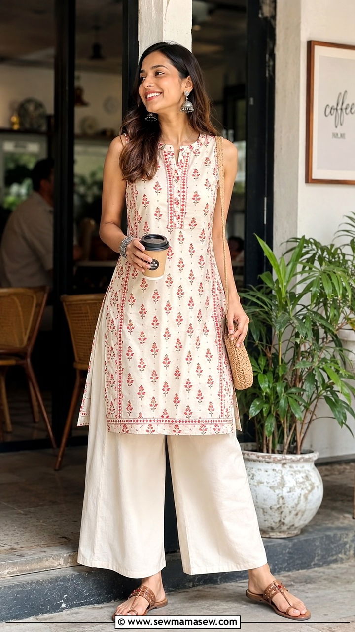Sleeveless Kurti with Wide Leg Pants - 30 Karachi outfit ideas