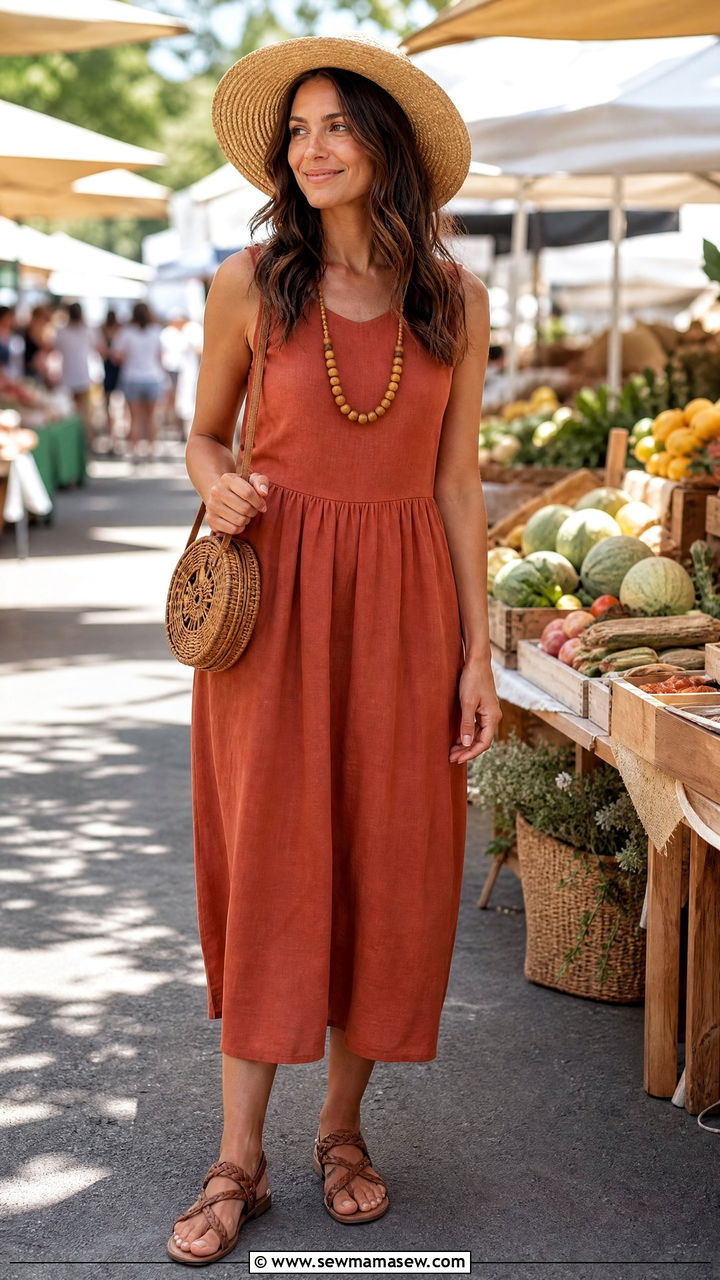 Sleeveless Linen Dress With Woven Accessories - 30 Summer farmers market outfits