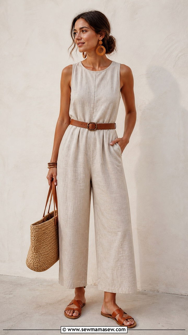 Sleeveless Linen Jumpsuit With Flat Sandals - 40 Summer outfit ideas