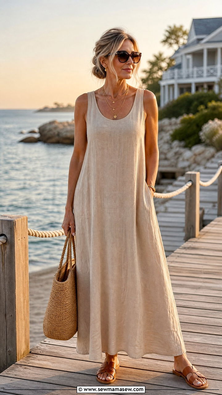 Sleeveless Linen Maxi Dress and Flat Sandals - 25 classy coastal grandmother outfit ideas
