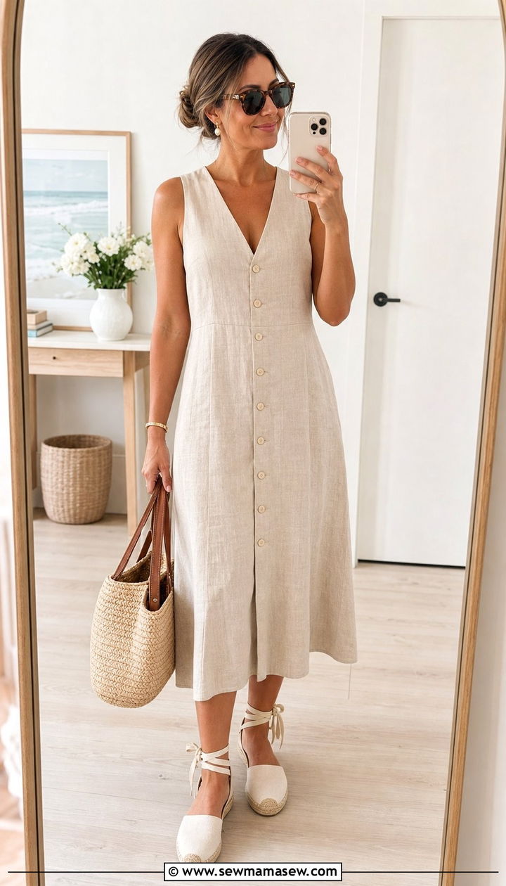 Sleeveless Linen Midi Dress With Espadrille Flats And Straw Tote - 25 coastal grandmother capsule wardrobe outfits