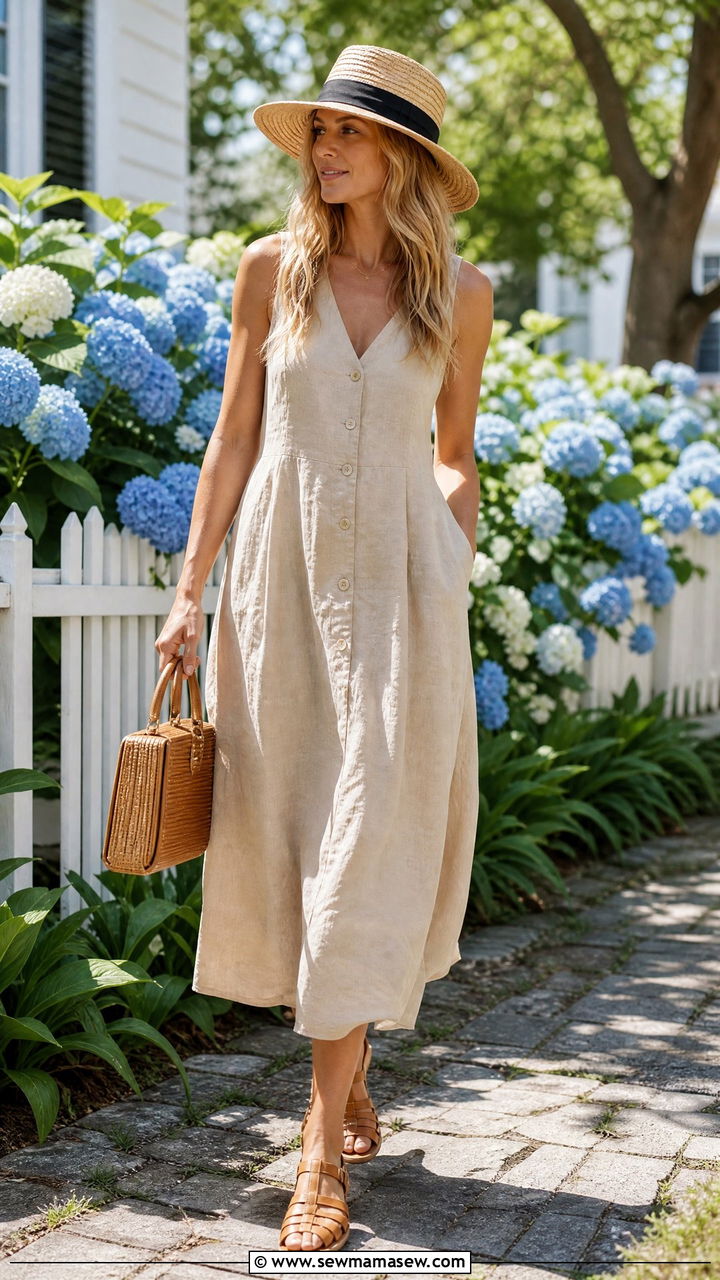 Sleeveless Linen Midi Dress with Straw Hat - 30 Coastal grandmother summer outfits