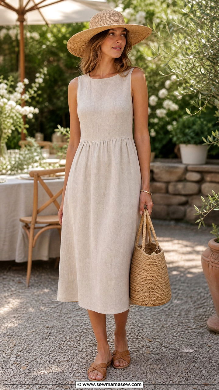 Sleeveless Linen Midi Dress with Straw Hat - 25 classy coastal grandmother outfits