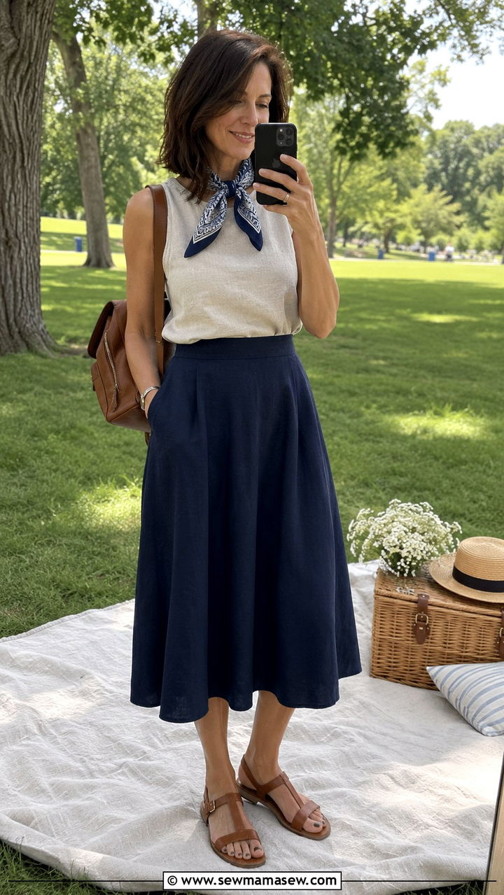 Sleeveless Linen Top And Midi Skirt Picnic Outfit - 30 Picnic outfits for women over 40