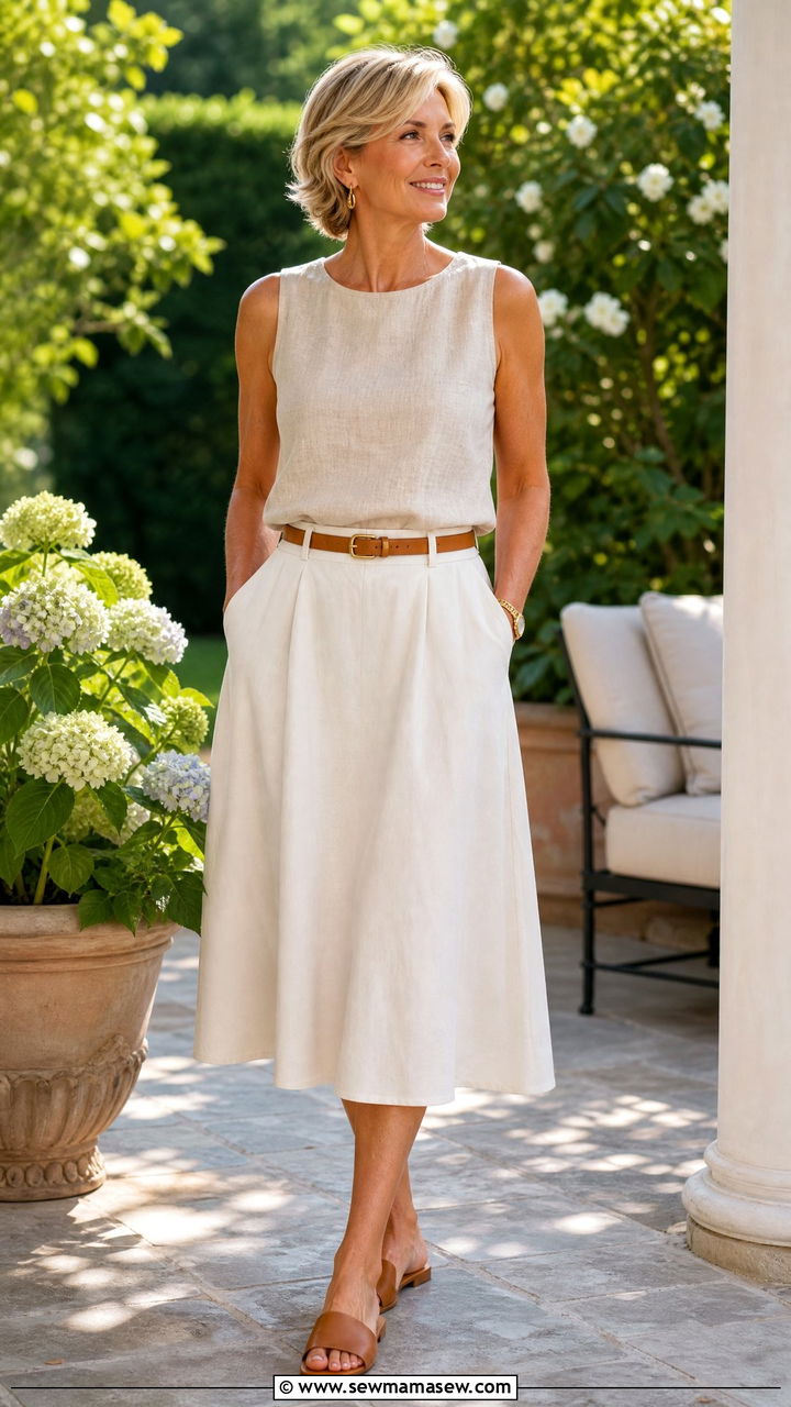 Sleeveless Linen Top With A Line Skirt - 30 Summer capsule wardrobe over 50