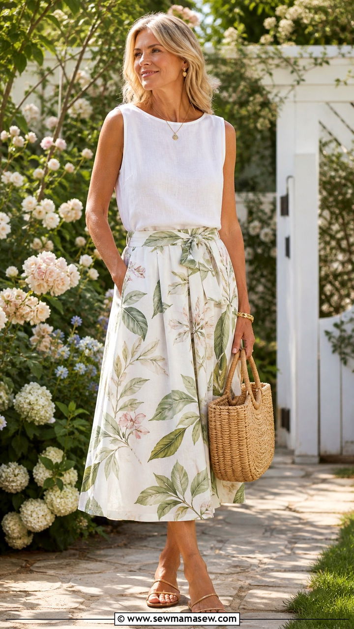 Sleeveless Linen Top with Flowy Printed Midi Skirt Outfit - 40 coastal grandmother outfits