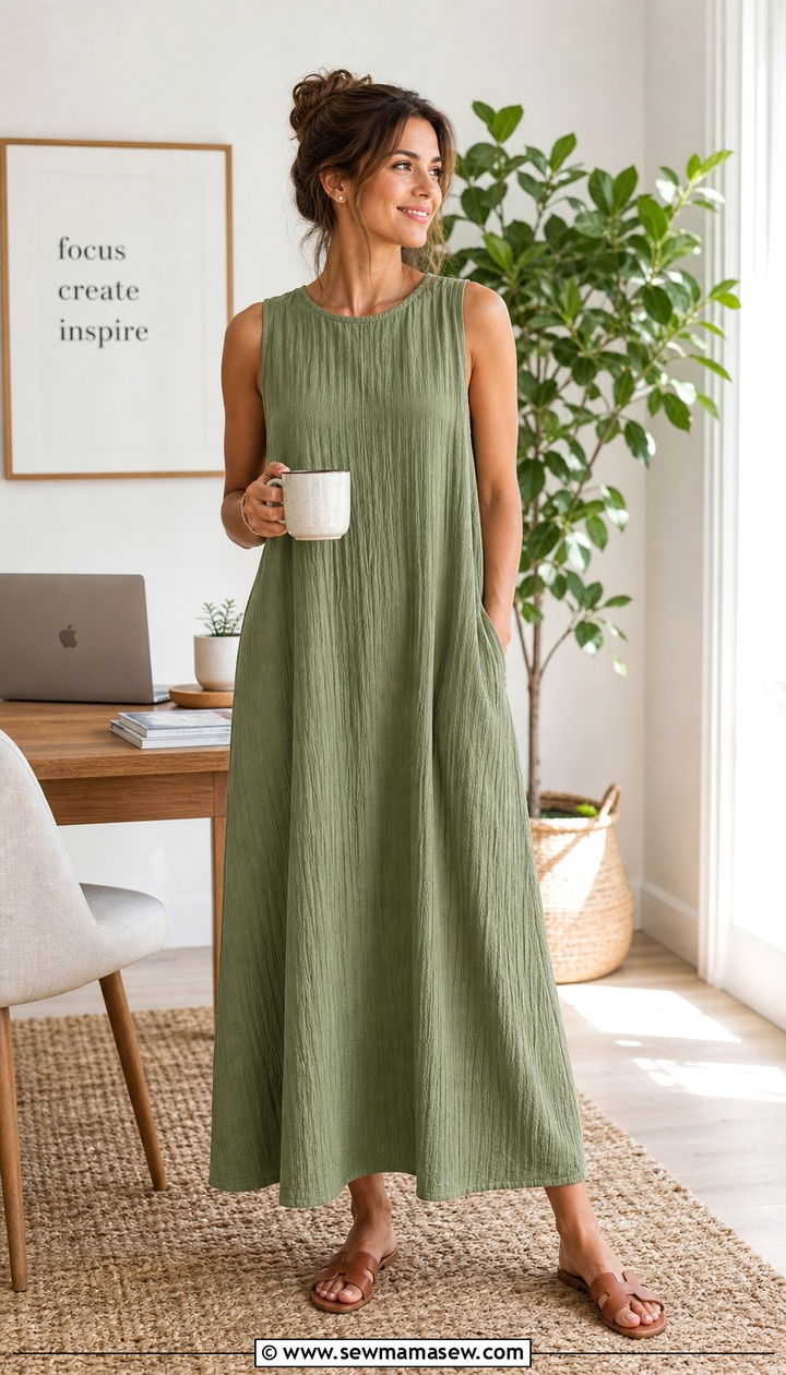 Sleeveless Maxi Dress And Slide Sandals Summer WFH Outfit - 25 Summer outfit ideas for work from home