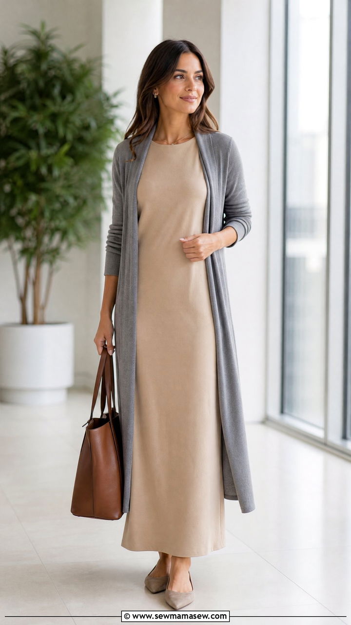 Sleeveless Maxi Dress With Long Open Cardigan - 30 Maxi dress for work outfit ideas