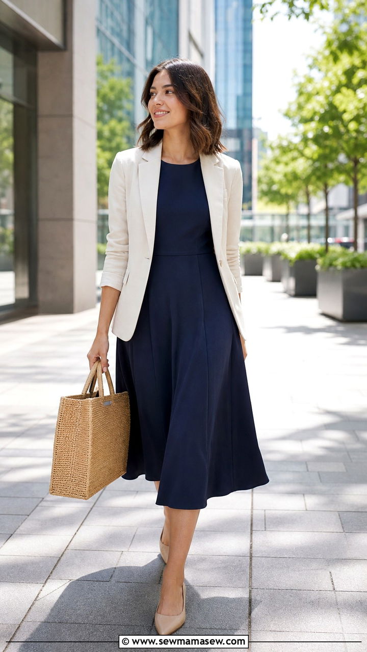 Sleeveless Midi Dress With Lightweight Blazer Outfit - 30 modest office outfit ideas