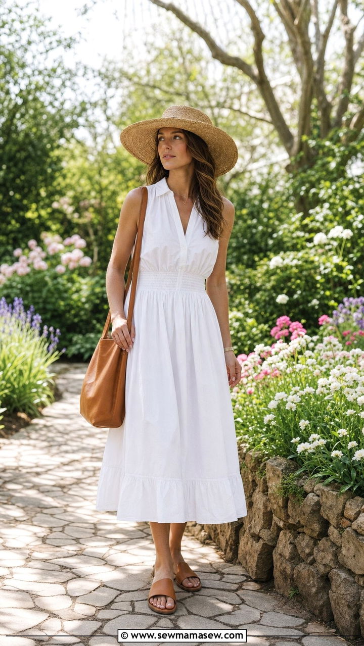 Sleeveless Midi Dress and Straw Hat Summer Outfit - 25 Summer outfits for 80-90 degree weather