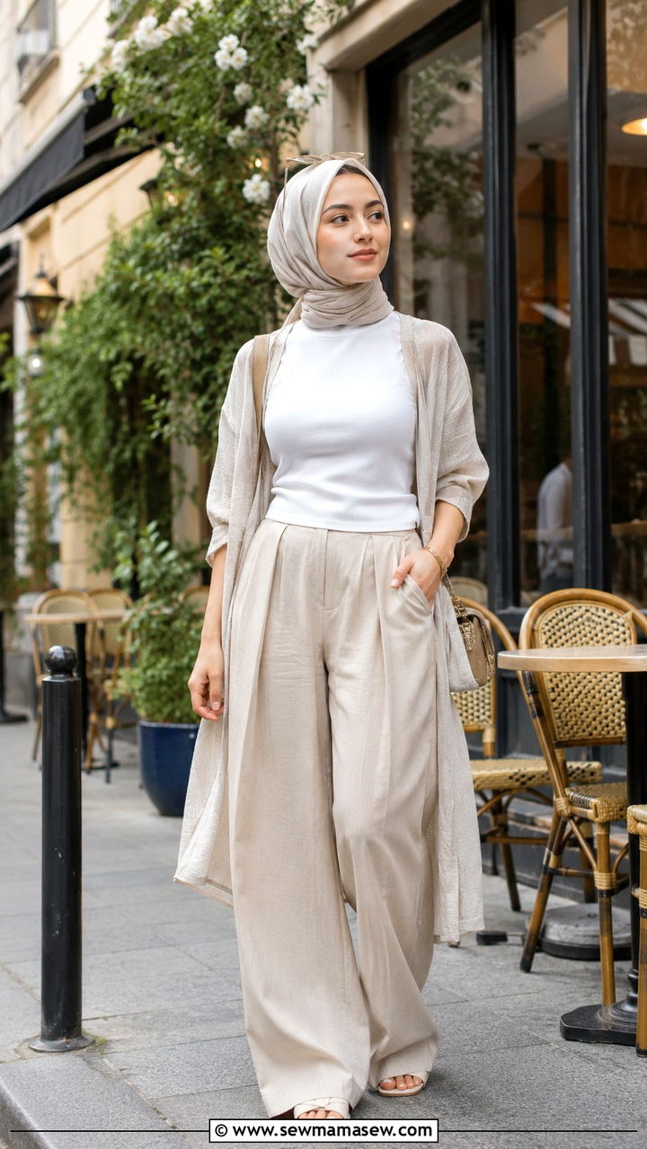 Sleeveless Mock Neck Top With Wide Leg Trousers and a Light Cardigan - 25 Modest outfit ideas for humid weather