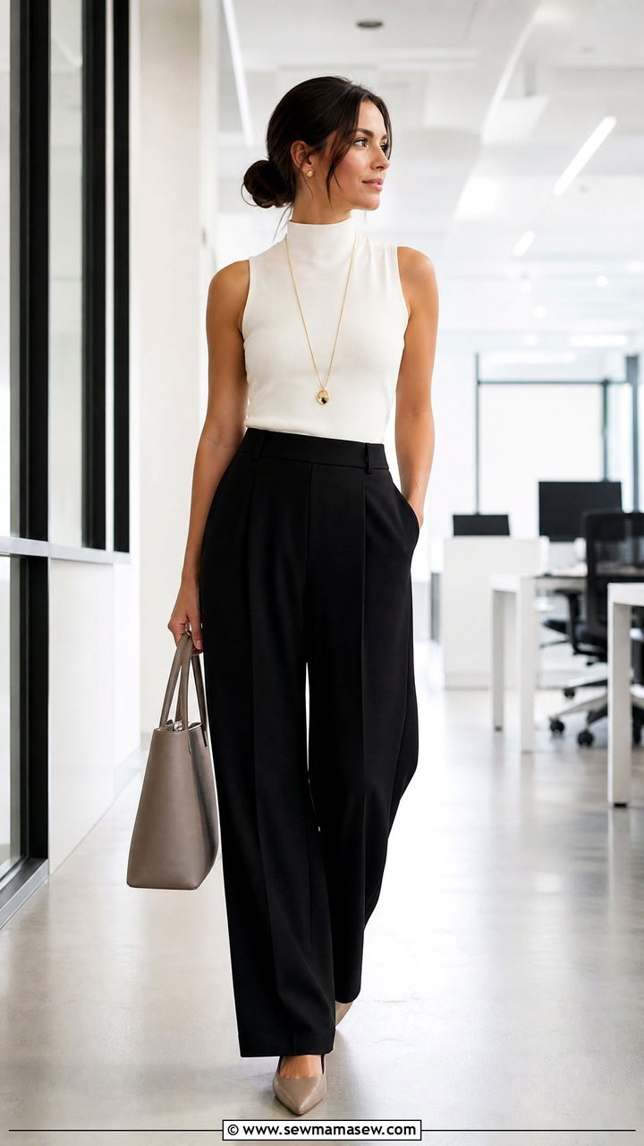 Sleeveless Mock Neck Top With Wide Leg Trousers - 25 casual outfits for pear shaped body