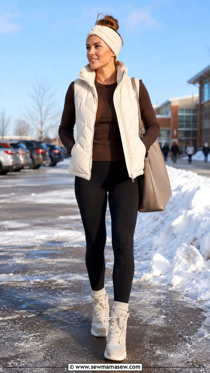 Sleeveless Puffer Vest Thermal Tee And Fleece Leggings - 25 Athleisure outfit ideas school run