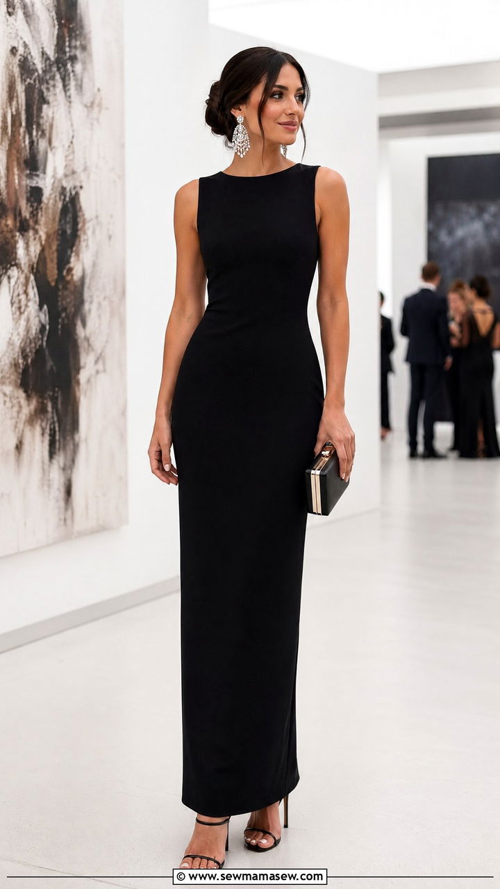Sleeveless Sheath Column Dress with Statement Earrings - 35 Evening wedding guest outfits