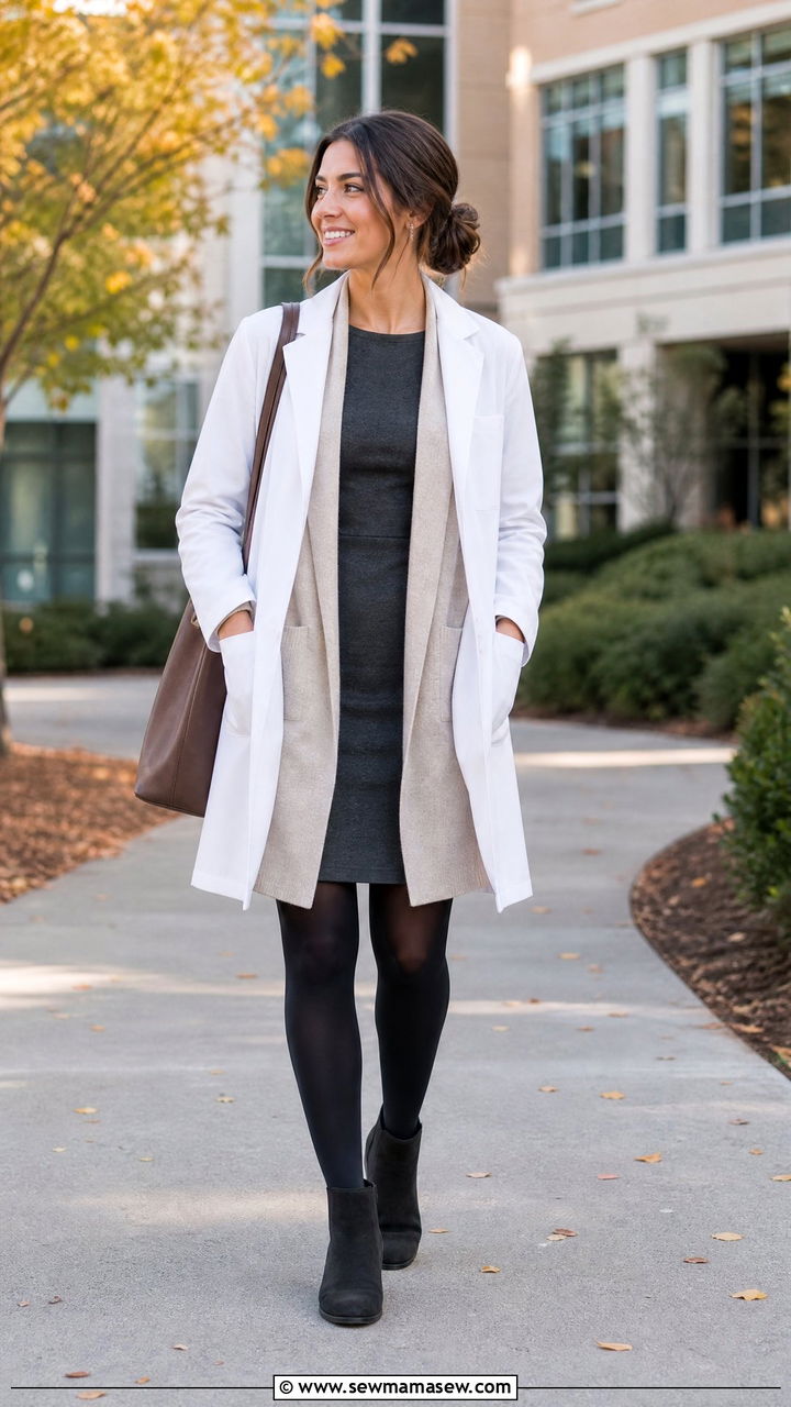 Sleeveless Sheath Dress With Cardigan - 30 Medical student outfit ideas