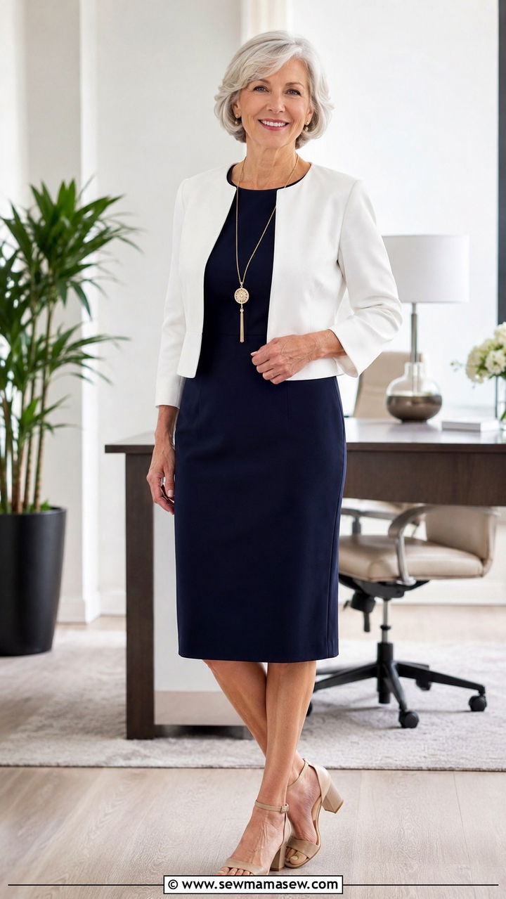 Sleeveless Sheath Dress with a Cropped Jacket - 20 Work outfit ideas for women over 60 2026