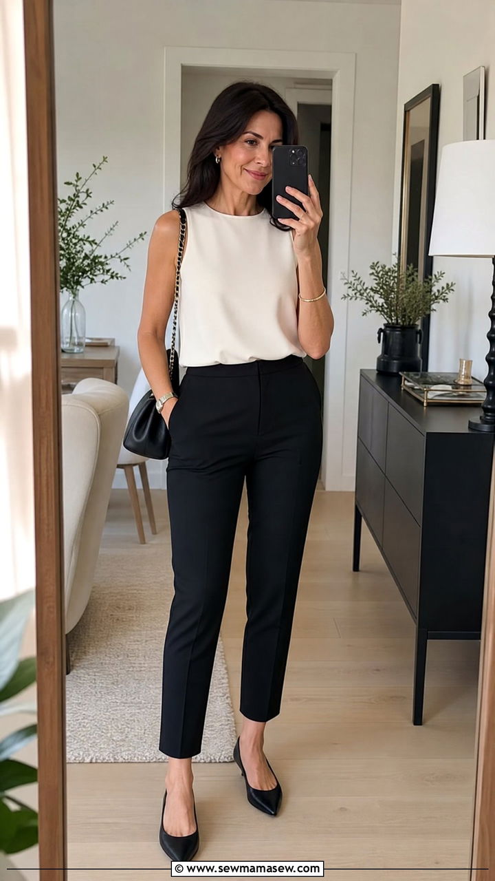Sleeveless Shell Top With Black Ankle Pants - 30 clean girl outfit ideas for women over 40