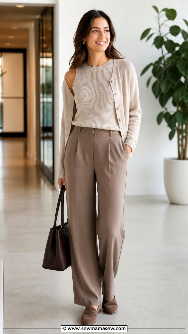 Sleeveless Shell Top With Cardigan and Relaxed Trousers - 40 First day of work outfits