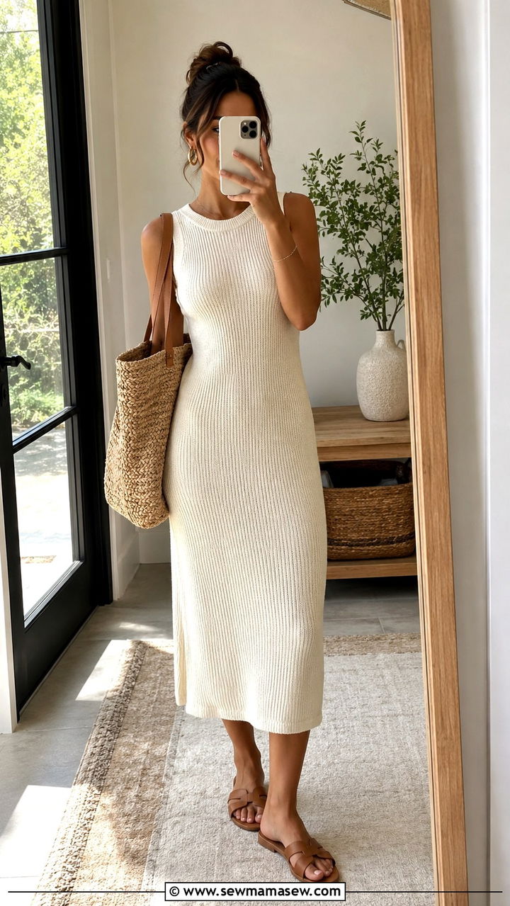 Sleeveless Sweater Dress With Flat Sandals And Woven Tote - 30 How to style a sweater dress in summer